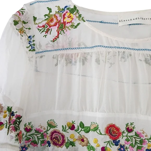 Johnny Was x 4 Love And Liberty White Silk Floral Embroidered Blouse Ruffles - Picture 13 of 15